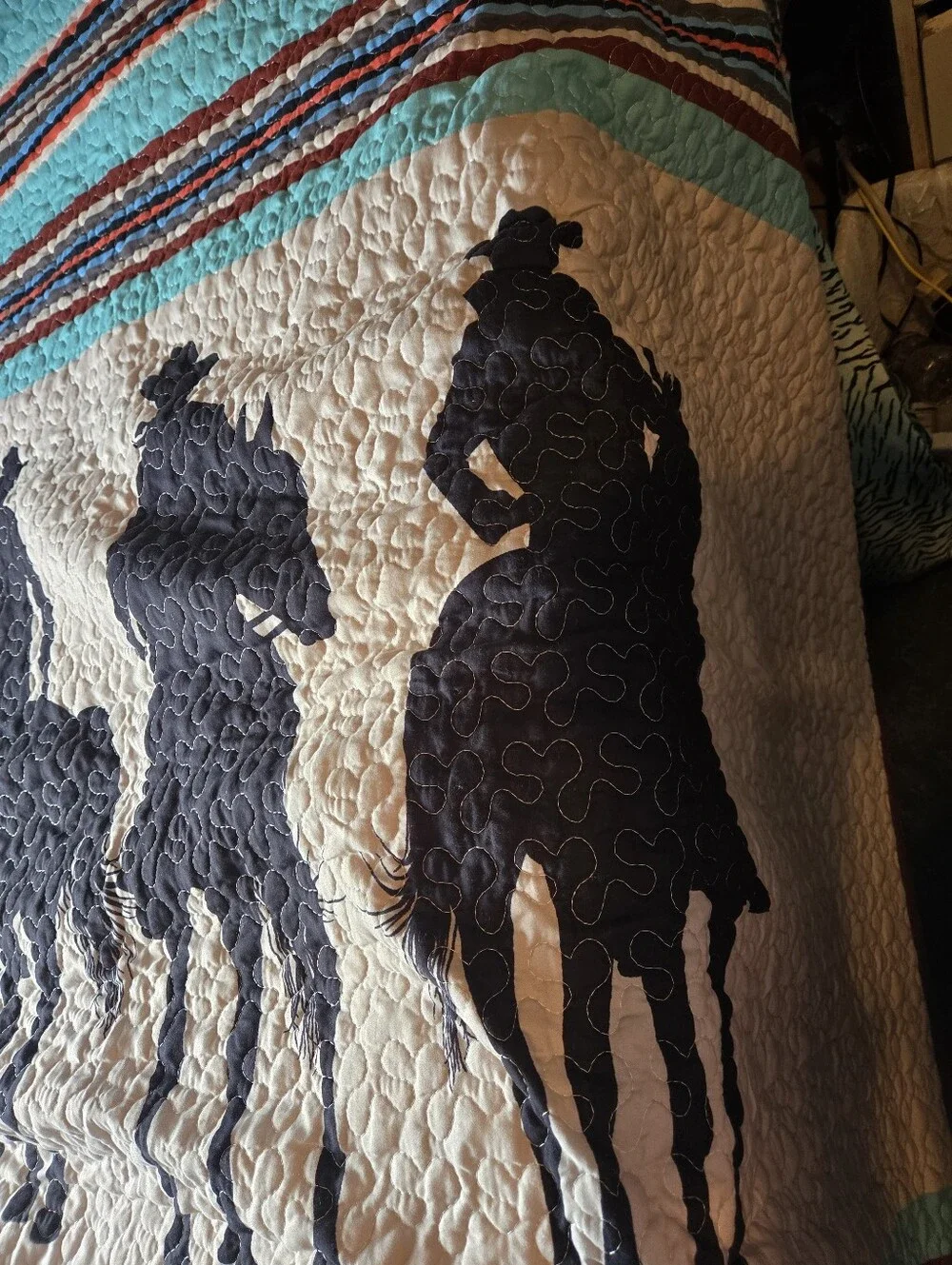 Western Horse Silhouette Quilted Comfort - Black on Cream with Turquoise Stripes